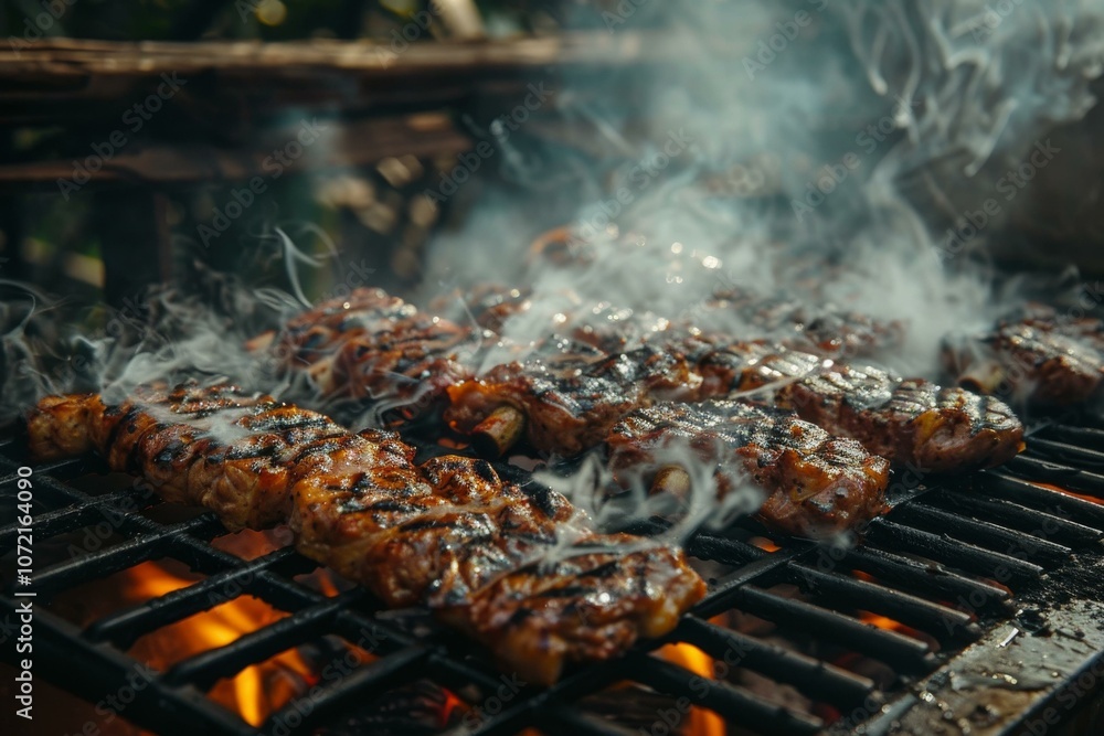 A group of people grilling meat on a barbecue A group of people grilling meat on a barbecue