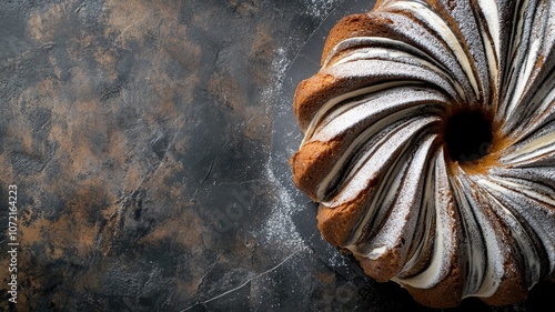 Powdered sugar-topped bundt cake on dark rustic surface