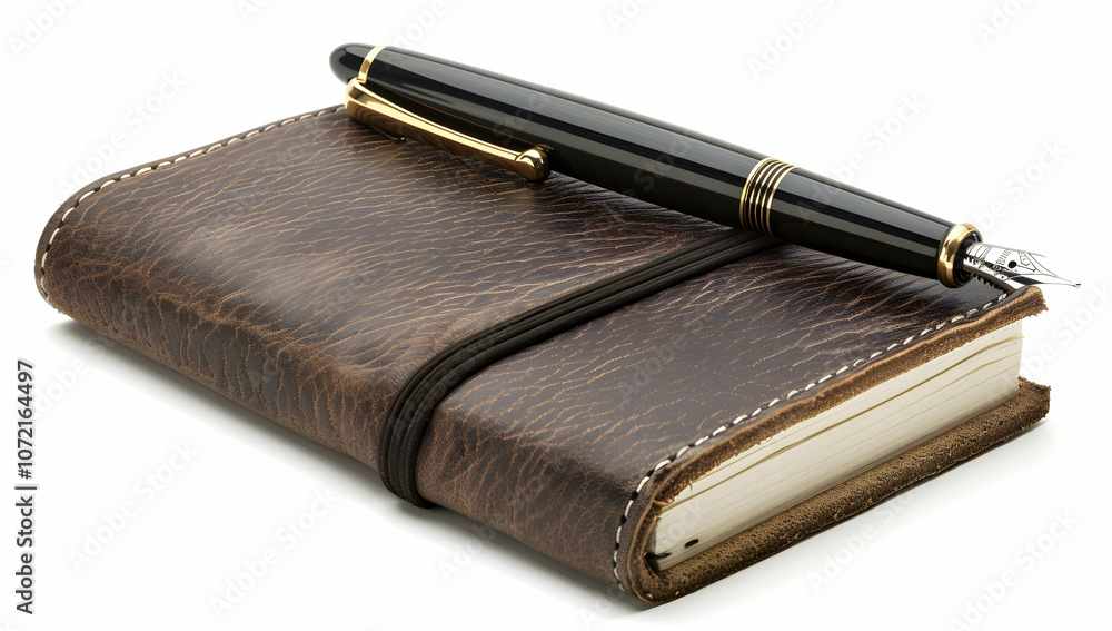 A leather journal with an elegant fountain pen, isolated on a white background A leather journal with an elegant fountain pen, isolated on a white background