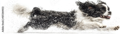 Discover the fluffy japanese chin with long fur flecked in icy patterns running joyfully in snow photo