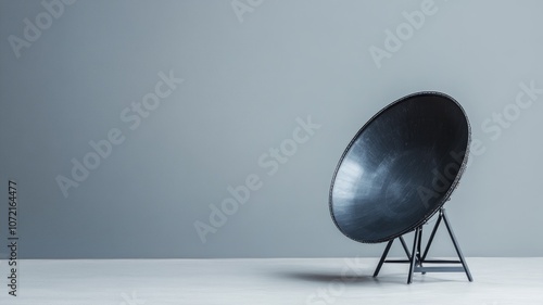 Black satellite dish on tripod stand against gray background photo