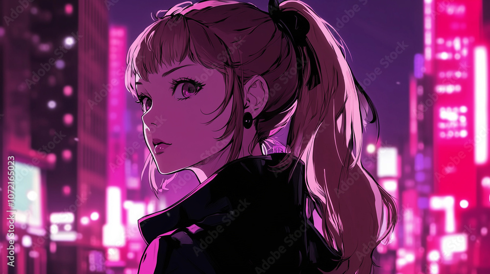 Anime Girl in Neon Cityscape at Night with Pink and Purple Lighting Anime Girl in Neon Cityscape at Night with Pink and Purple Lighting