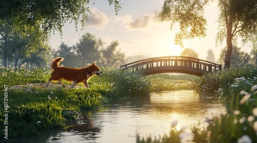 A beloved dog walks over a rainbow bridge during a serene sunset photo