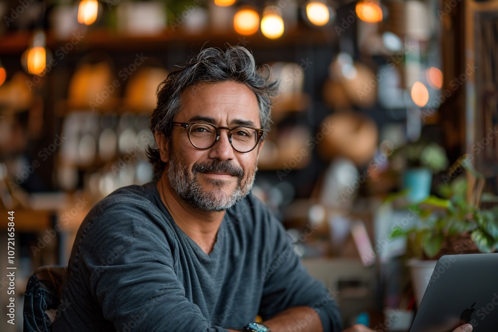 A middle-aged man with glasses sits at a cafe table, smiling while using his laptop. The cozy atmosphere is enhanced by soft lighting and decorative plants A middle-aged man with glasses sits at a cafe table, smiling while using his laptop. The cozy atmosphere is enhanced by soft lighting and decorative plants