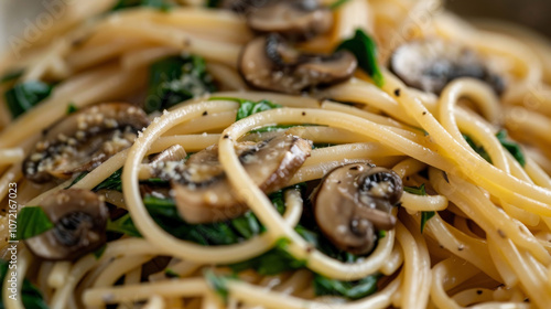 Vegetarian Delight Black Truffle Pasta: linguine in vegan cashew cream sauce with black truffle oil, sautéed wild mushrooms, baby spinach, and roasted garlic. photo