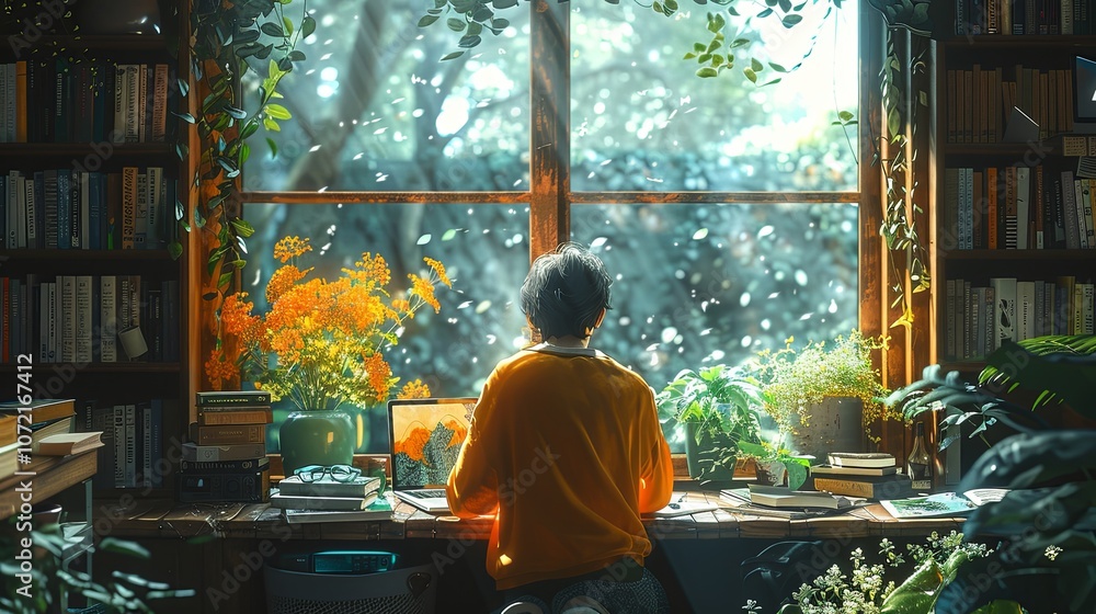 A student studying in a cozy home setting, books and laptop open, natural light through a large window, promoting focus and education A student studying in a cozy home setting, books and laptop open, natural light through a large window, promoting focus and education