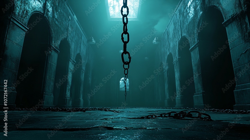 A dark, abandoned asylum with chains rattling in the distance and eerie whispers in the air embodies the horror theme of Halloween. Concept of fear A dark, abandoned asylum with chains rattling in the distance and eerie whispers in the air embodies the horror theme of Halloween. Concept of fear