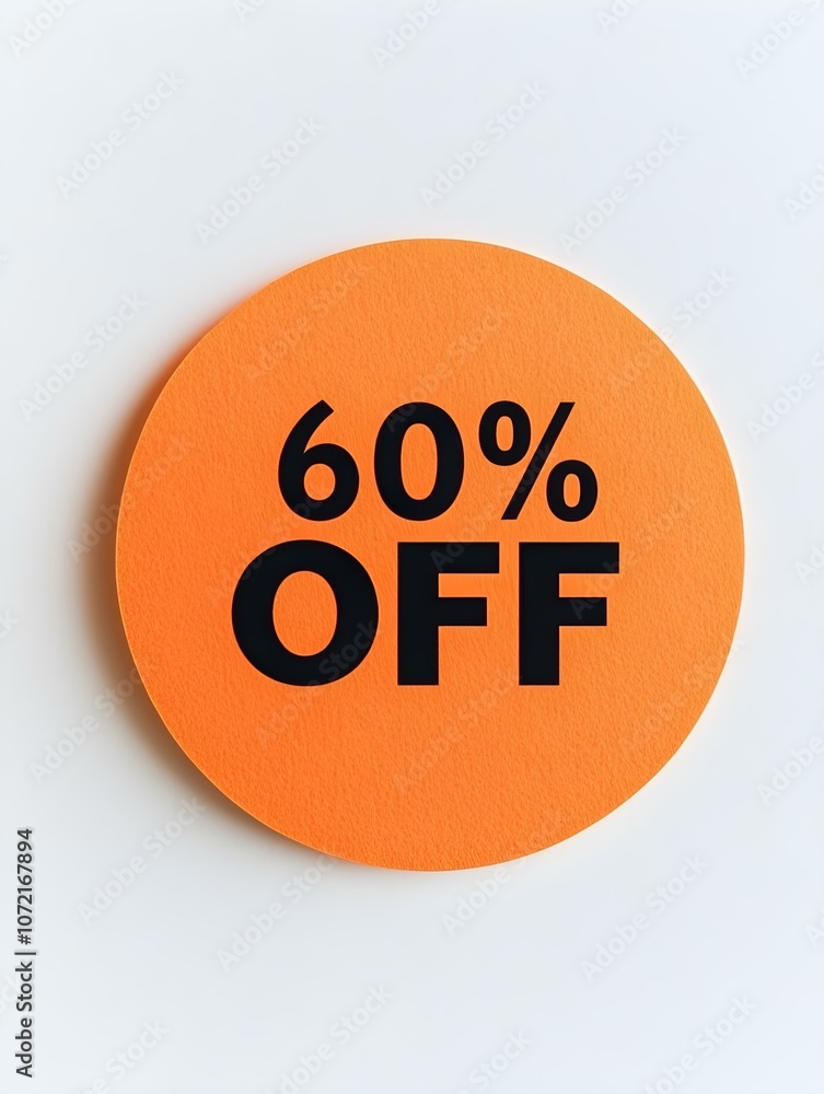 Black '60% OFF' Text on a Orange Round Paper Note. White Background Black '60% OFF' Text on a Orange Round Paper Note. White Background