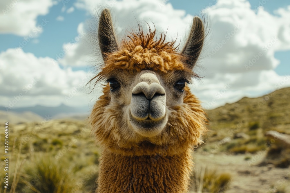 Fototapeta premium A portrait of a llama with thick, curly brown fur standing in a natural mountainous landscape.