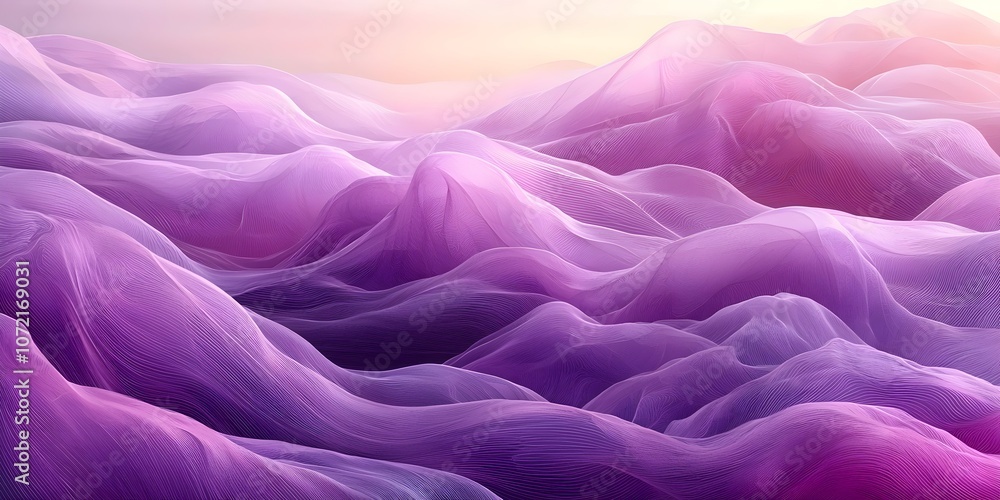 Obraz premium An abstract landscape featuring flowing hills and waves in shades of purple and pink, creating a serene and dreamy atmosphere that captivates the viewer.