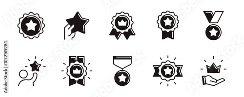 medal badge award icon set winner star and crown success achievement emblem reward signs vector illustration premium unique style design