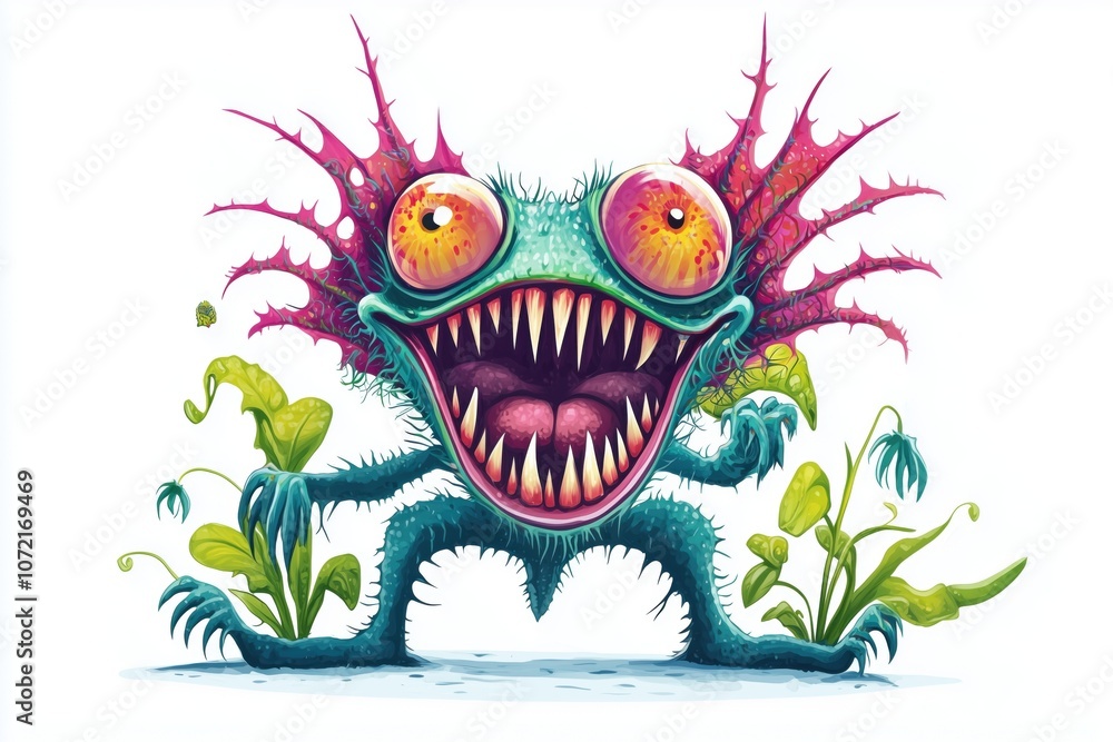 Fototapeta premium Colorful monster with large eyes and sharp teeth, surrounded by plants