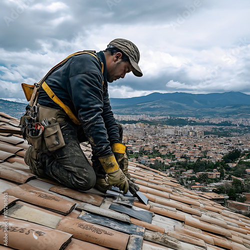 A roofer diligently lays tiles on a steep roof, equipped with work gloves and a tool belt, overlooking a sprawling city beneath a dramatic, cloudy sky photo