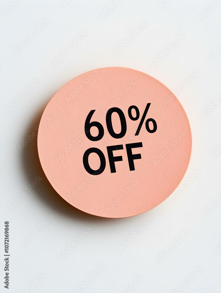 Black '60% OFF' Text on a Peach Fuzz Round Paper Note. White Background Black '60% OFF' Text on a Peach Fuzz Round Paper Note. White Background