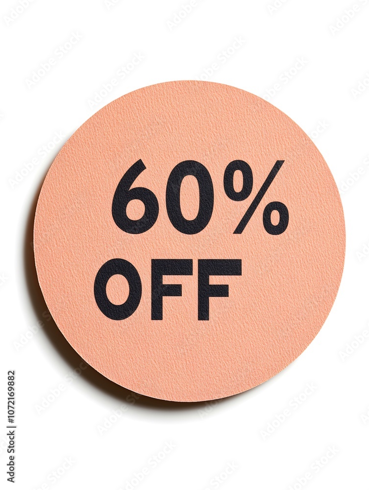Black '60% OFF' Text on a Peach Fuzz Round Paper Note. White Background Black '60% OFF' Text on a Peach Fuzz Round Paper Note. White Background