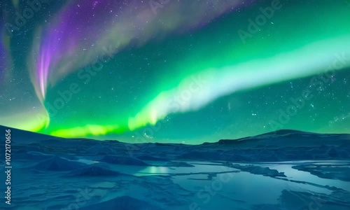 Vibrant aurora borealis lighting up a glowing ice-blue alien landscape