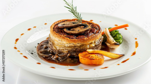 Tournedos Rossini with mushroom duxelles wrapped in golden puff pastry, served with port wine sauce and seasonal vegetables, is centered on a clean white background, highlighting its gourmet nature. photo