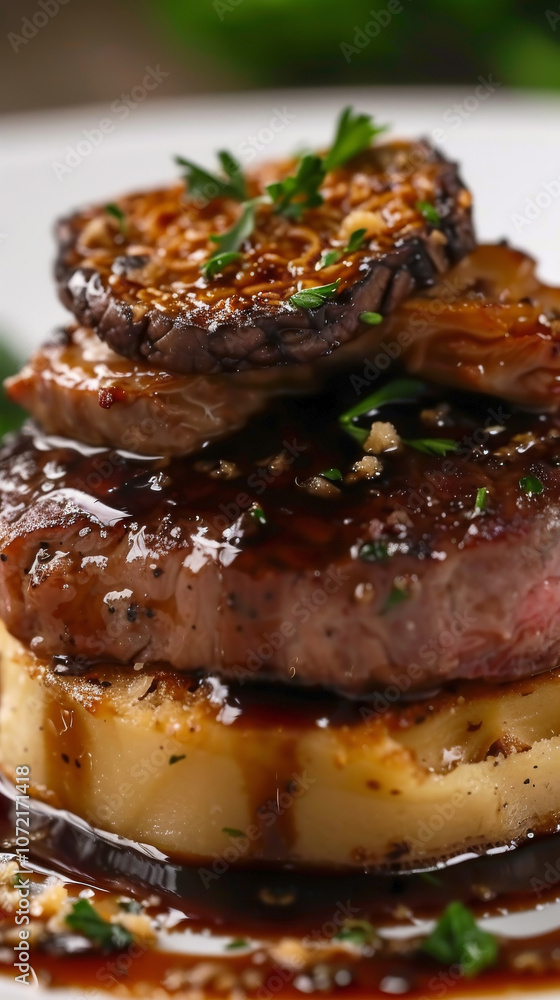 Vertical close-up of sous-vide filet mignon topped with seared foie gras, resting on potato gratin. It's drizzled with red wine reduction and garnished with microgreens Vertical close-up of sous-vide filet mignon topped with seared foie gras, resting on potato gratin. It's drizzled with red wine reduction and garnished with microgreens