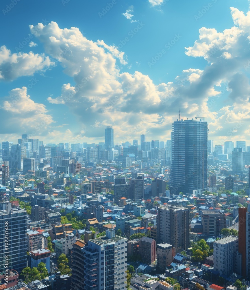 Panoramic View of a Cityscape under a Blue Sky with Fluffy Clouds Panoramic View of a Cityscape under a Blue Sky with Fluffy Clouds