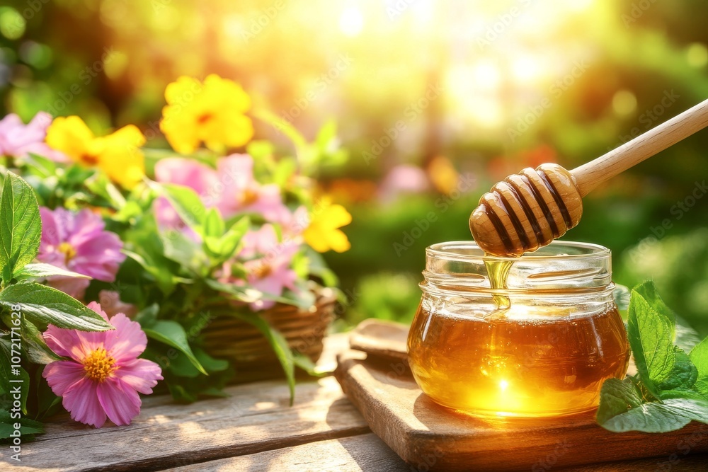 Honey Jar and Flowers in the Serene Garden Honey Jar and Flowers in the Serene Garden