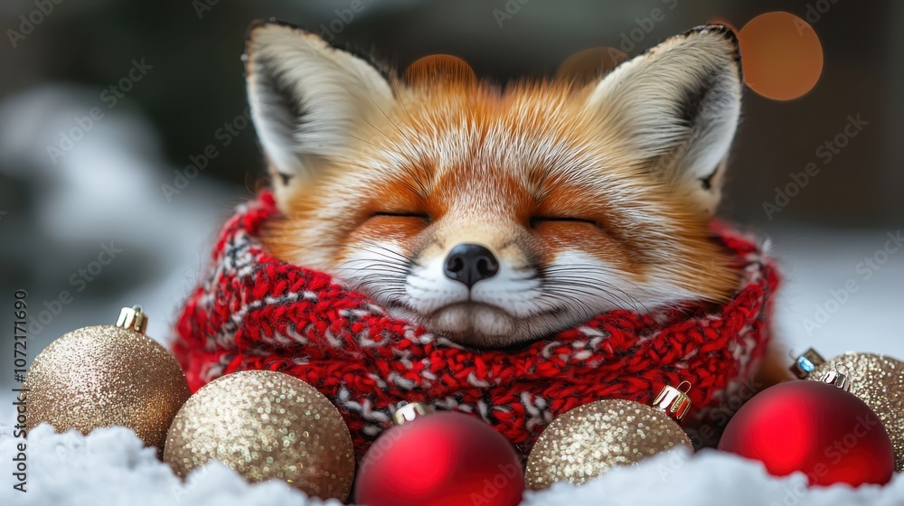 Charming sleepy fox in winter scarf captivates the holiday spirit surrounded by cheerful ornaments Charming sleepy fox in winter scarf captivates the holiday spirit surrounded by cheerful ornaments