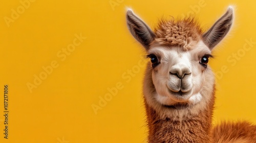 Adorable baby llama with fluffy fur on a solid orange background, cute and friendly