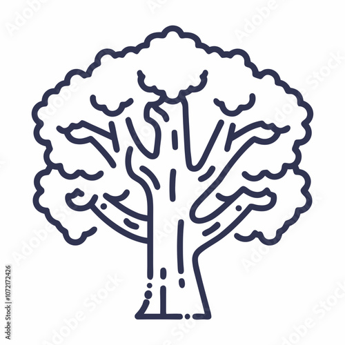 Detailed tree icon illustration with a full canopy and textured trunk, linear style design