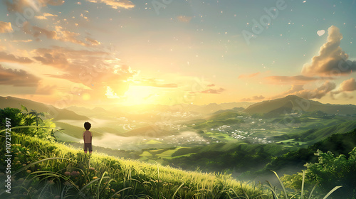 Serene Landscape at Sunrise with a Boy Gazing Over Rolling Hills and Lush Valleys Under a Colorful Sky Full of Clouds and Glowing Sunlight
