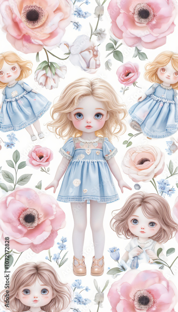 Adorable dolls surrounded by floral patterns in a whimsical artistic arrangement Adorable dolls surrounded by floral patterns in a whimsical artistic arrangement