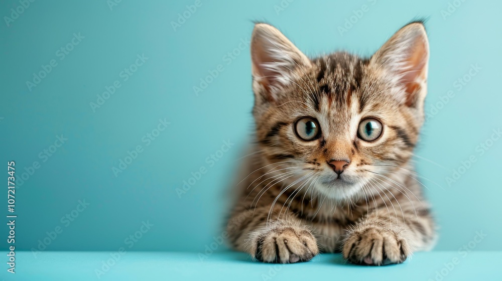 A cute tabby kitten with wide eyes and fluffy paws A cute tabby kitten with wide eyes and fluffy paws