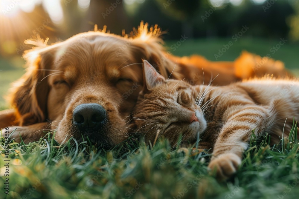 A Golden Retriever and a ginger cat are sleeping on the grass A Golden Retriever and a ginger cat are sleeping on the grass