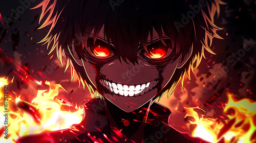 Intense illustration of a young character with fiery red eyes and a sinister grin, surrounded by a dramatic backdrop of flames and dark shadows, conveying emotion and energy.