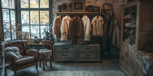 vintage fashion display, faux fur coats displayed in a vintage store with unique decor and soft natural lighting, highlighting cruelty-free outerwears luxurious appeal photo