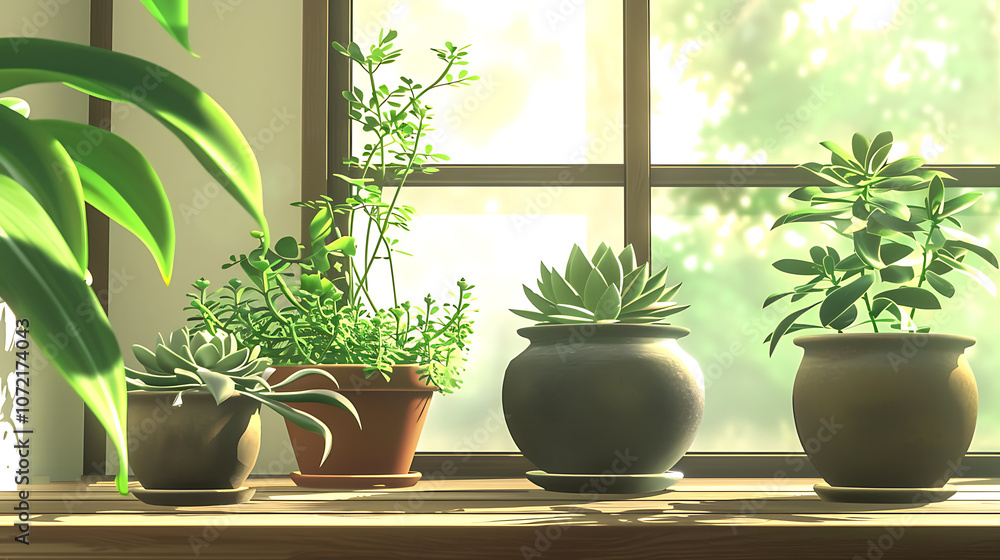 A Cozy Indoor Scene Featuring Lush Green Plants in Decorative Pots Bathed in Natural Light from a Sunny Window for a Refreshing Atmosphere A Cozy Indoor Scene Featuring Lush Green Plants in Decorative Pots Bathed in Natural Light from a Sunny Window for a Refreshing Atmosphere