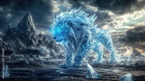 A majestic, ice-covered lion stands on a frozen landscape, its eyes glowing with a bright blue light.