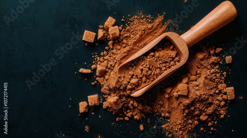 A rustic wooden scoop rests on a dark surface, surrounded by coarse cocoa powder and sugar crystals, creating a rich, textured look. photo