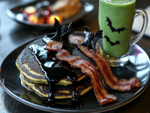 Halloween Breakfast Pancakes with Bacon and Green Smoothie. photo