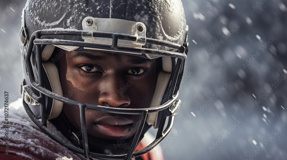 Close up portrait of a football player during a game. Intense look Close up portrait of a football player during a game. Intense look