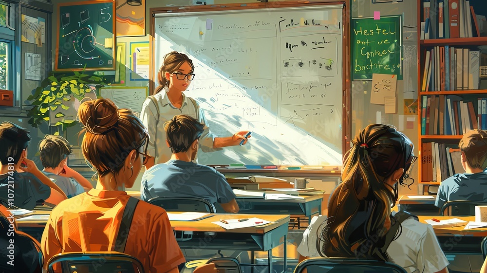 A teacher stands at the front of a classroom, writing on the whiteboard while the students sit at their desks, following along. The classroom is filled with colorful posters, and the atmosphere is foc A teacher stands at the front of a classroom, writing on the whiteboard while the students sit at their desks, following along. The classroom is filled with colorful posters, and the atmosphere is foc
