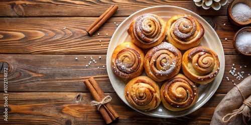 A plate of sweet, sugary cinnamon rolls dusted with powdered sugar on a wooden background with cinnamon sticks nearby photo