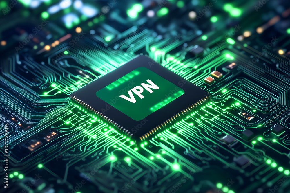 Obraz premium A close-up view of a glowing VPN chip on a dark circuit board.