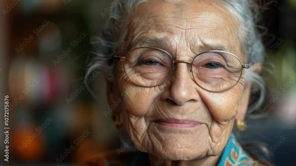 Smiling elderly woman with glasses in a cozy indoor setting Smiling elderly woman with glasses in a cozy indoor setting