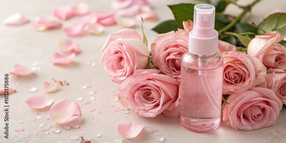 Delicate pink rose petals with a spray bottle on a fresh floral background. Delicate pink rose petals with a spray bottle on a fresh floral background.
