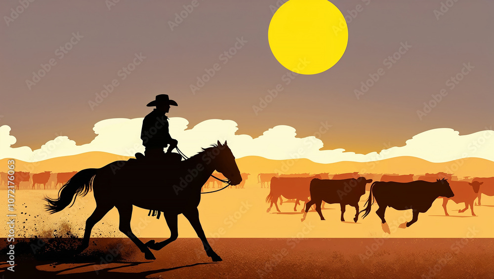Fototapeta premium Cowboy on horseback driving cattle across sunlit plains scene.