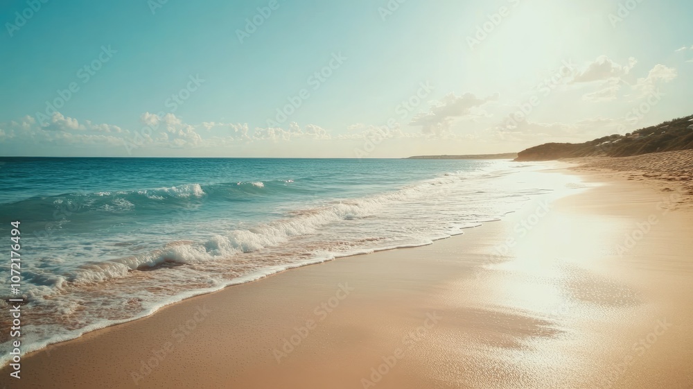Serene beach with gentle waves, golden sand, and clear sky during sunset Serene beach with gentle waves, golden sand, and clear sky during sunset