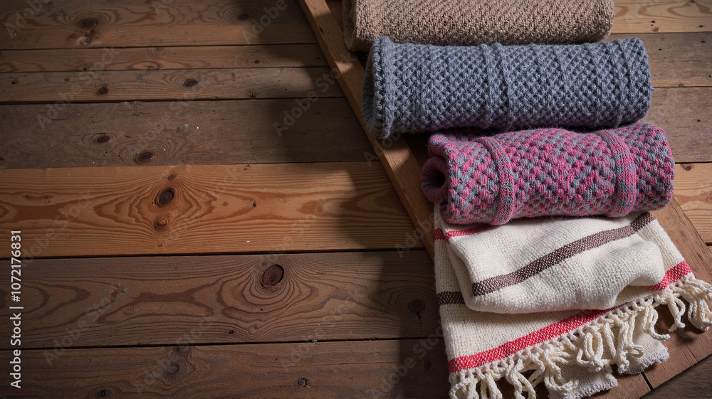 Folded blankets stacked on wooden bench Folded blankets stacked on wooden bench