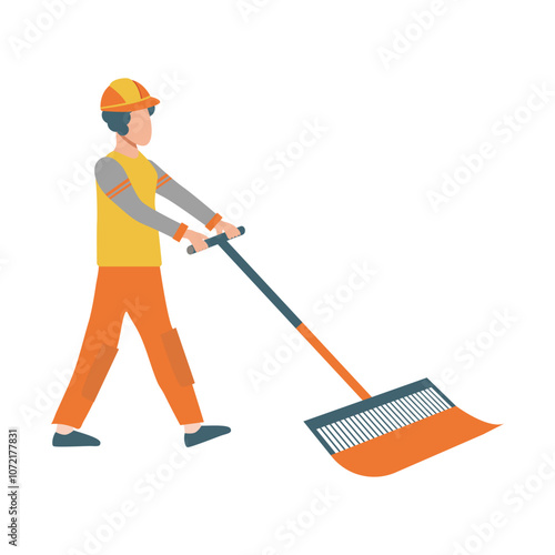 Man in uniform using cleanup brush or broom in flat design. Street cleaning. Vector illustration isolated.