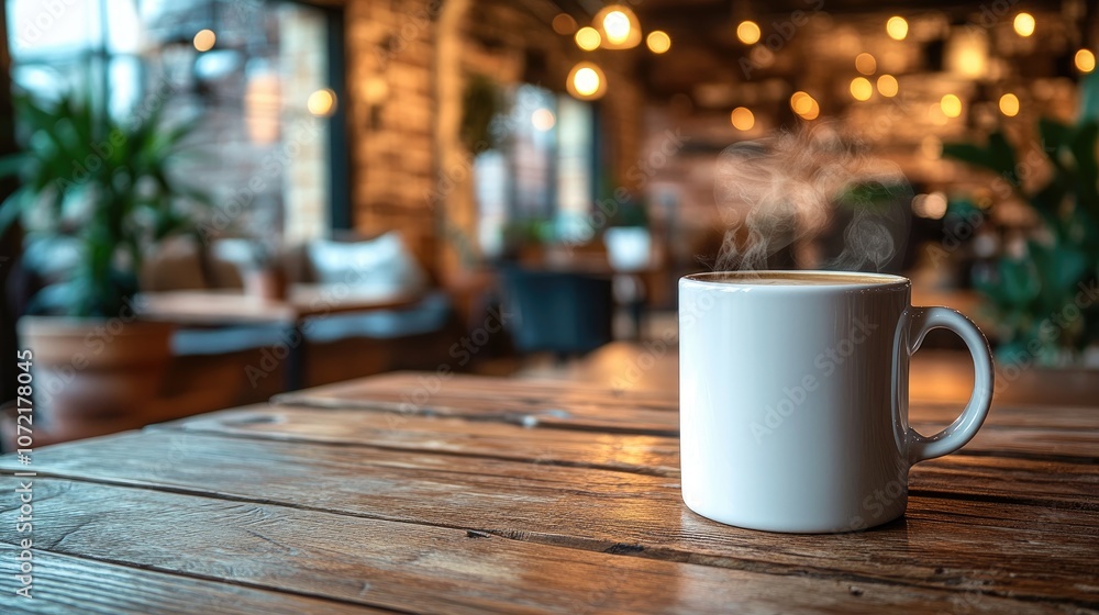 A white mug of steaming coffee sits on a rustic wooden table in a cafe. A white mug of steaming coffee sits on a rustic wooden table in a cafe.