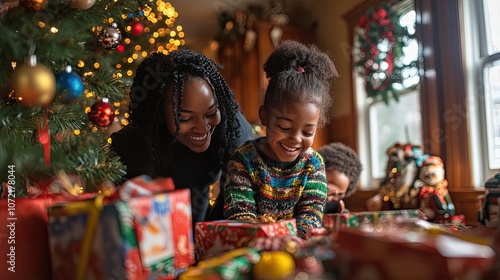 A mother and her two children open presents under the Christmas tree, smiling and laughing together.