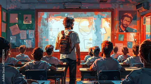 A teacher stands at the front of a classroom, writing on the whiteboard while the students sit at their desks, following along. The classroom is filled with colorful posters, and the atmosphere is foc